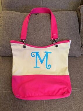 Personalized Pink and Cream Canvas Tote Bag with Blue Monogram